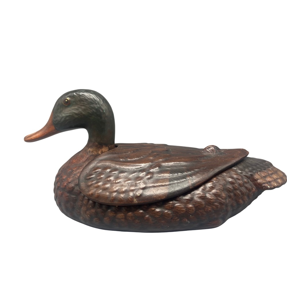 Ceramic duck trinket box, hand painted in Green brown, Vintage collectable 12"